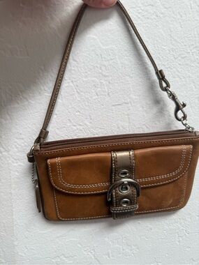 Coach Brown and Metallic Tan Leather Wristlet